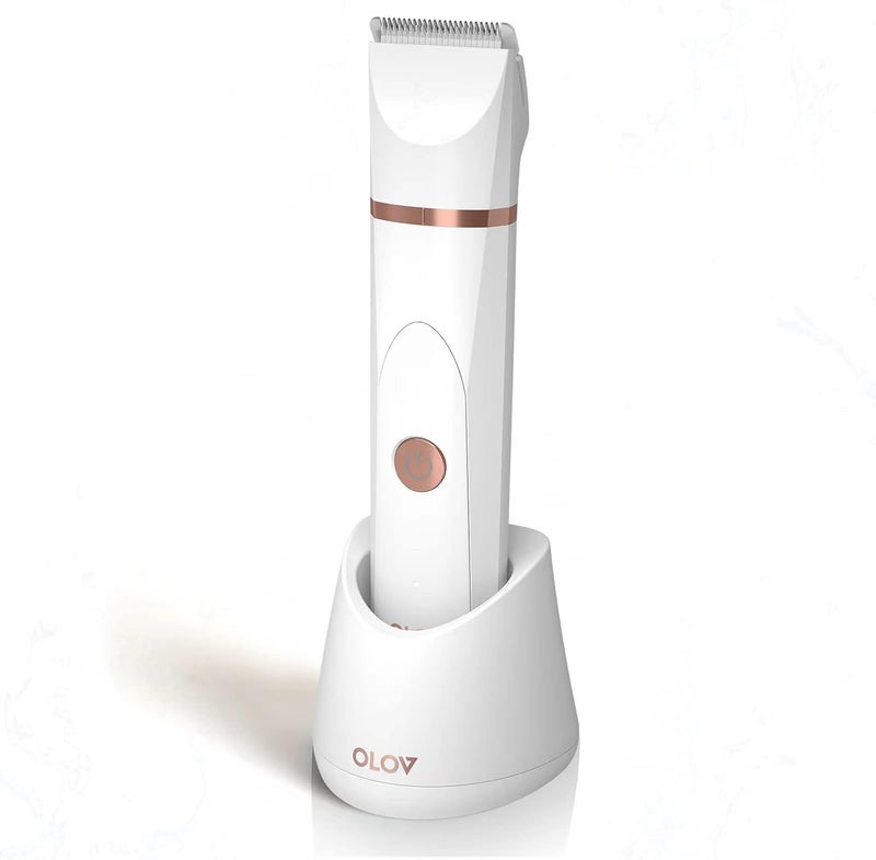 OLOV Electric Body Hair Trimmer - Groin Trimmer for Men - Bikini Trimmer Women - Wet/Dry Shaver Groomer, Replaceable Ceramic Blade Heads, USB Recharge Dock, Waterproof Hygiene Razor, White - Image 1